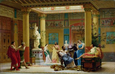 "The Fluteplayer" ja "The Diomedesin vaimon" harjoitus Prinssi Napoleonin pompeilaisen talon atriumissa, 18 Avenue Montaigne, Pariisi, 1861 tekijältä Gustave Clarence Rodolphe Boulanger