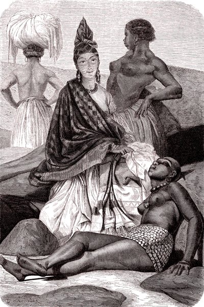 Signare, mulatti-ranskalaiset afrikkalaiset naiset Goreen saarella Senegalissa. 1861 (kaiverrus) tekijältä Gustave Clarence Rodolphe Boulanger