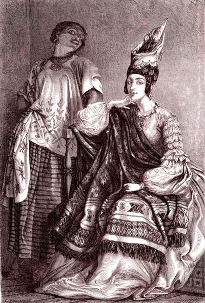Signare, mulatti-ranskalaiset afrikkalaiset naiset Saint Louisin kaupungissa Senegalissa. 1861 (kaiverrus) tekijältä Gustave Clarence Rodolphe Boulanger