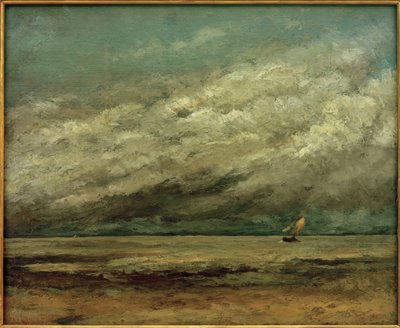 Purjevene lähellä rannikkoa, myrskyinen taivas tekijältä Gustave Courbet
