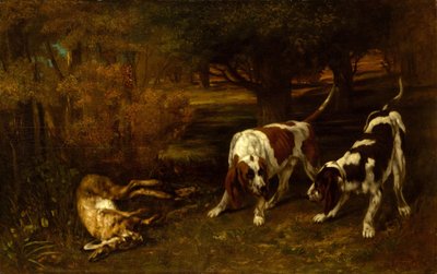 Metsästyskoirat kuolleiden jänisten kanssa, 1857. tekijältä Gustave Courbet
