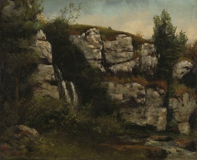 Maisema, jossa on kallioita ja vesiputous tekijältä Gustave Courbet