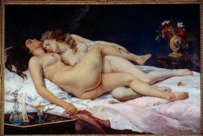 Nukkua. Kaksi alastomaa naista halasi sängyssä tekijältä Gustave Courbet