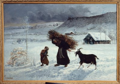 Kylän köyhyys, Ornans. Talonpoika ja hänen tyttärensä tuovat talveksi leipää, puupankkoja ja vuohen. Gustave Courbetin (1819-1877) maalaus 1800-luvun aurinko. 1,26 x 0,85 m. Yksityinen kokoelma tekijältä Gustave Courbet