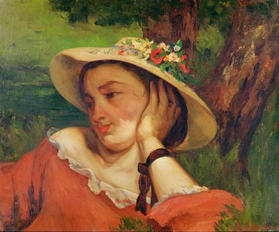 Nainen olkihatussa kukkien kanssa, n. 1857 tekijältä Gustave Courbet