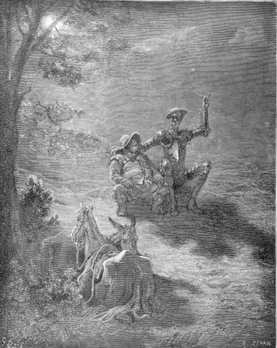 Yöllinen puhe Miguel Cervantesin (1547-1616) teoksesta "Don Quijote de la Mancha", kaiverrettu Heliodore Joseph Pisan (1822-90) toimesta noin 1868. tekijältä Gustave Dore