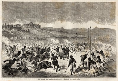 Gustave Doren (1832-1883) piirtämä pallopeli Choctaws-intiaanien, Mississippin alueen heimon, kanssa havainnollistamaan Baudouin Mollhausenin (1825-1905) Mississippi-matkaa Tyynellemerelle vuosina 1853-54. Kaiverrus "" Le tour du monde, nouveau j tekijältä Gustave Dore