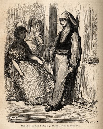 Suklaakauppias ulkoilmassa, luonnos vilkkaasta Madridista. Gustave Doren (1832-1883) kaiverrus havainnollistamaan hänen matkaansa Espanjaan Ch. Davillier (toimittaja), vuonna 1862, julkaistu "" Le tour du monde""" 1869, toimittanut Edouard Charton, Hach tekijältä Gustave Dore