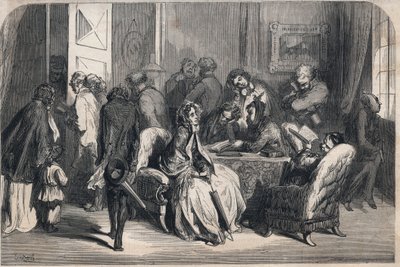 Hammaslääkärin eteinen. Gustave Doren (1832-1883) piirustus. Kaiverrus "Le Monde illustrious" -kirjoitukseen vuodelta 1862. Yksityinen kokoelma. tekijältä Gustave Dore