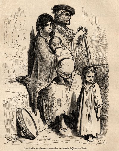 Nomaditanssijaperhe lepäämässä Sevillan kaduilla. Gustave Dore (1832-1883) livenä esittämän sketsin. Kaiverrus havainnollistamaan matkaa Espanjassa, Charles Davillier ja Gustave Dore vuonna 1862, "Le tour du monde, nouveau journal des voyag" tekijältä Gustave Dore