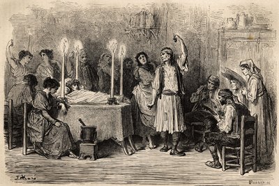 Hautaustanssi hautauspäivän aikana Jijonasissa (Alicanten maakunta). Gustave Dore (1832-1883) livenä esittämän sketsin. Kaiverrus havainnollistamaan matkaa Espanjassa, Charles Davillier ja Gustave Dore vuonna 1862 teoksessa "Le tour du monde, nouveau jour" tekijältä Gustave Dore