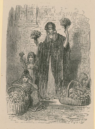 Ryhmä nuoria naisia, jotka myyvät kukkia koreista tekijältä Gustave Dore