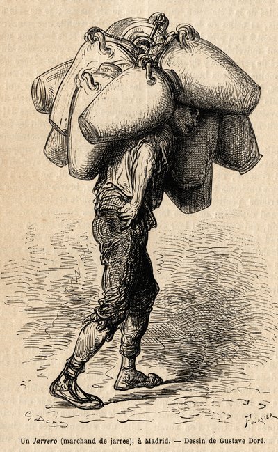 Purkkikauppias, luonnos vilkkaasta Madridista. Gustave Doren (1832-1883) kaiverrus havainnollistamaan hänen matkaansa Espanjaan Ch. Davillier (toimittaja), vuonna 1862, julkaistu "" Le tour du monde""" 1869, toimittanut Edouard Charton, Hachette painos, Pa tekijältä Gustave Dore