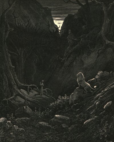 Leijona tuli minua vastaan, miltä se näyttää, c1890. tekijältä Gustave Dore