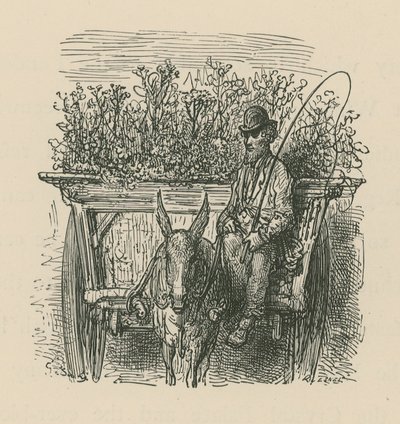 Mies ajaa kärryä, joka on täynnä kasveja ja kukkia tekijältä Gustave Dore