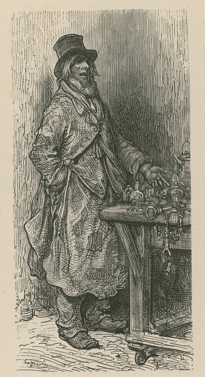 Mies myy tavaroitaan myyntikojussaan. tekijältä Gustave Dore