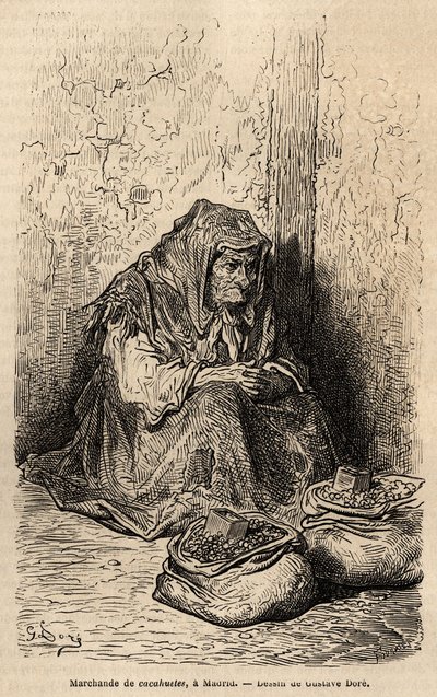 Maapähkinäkauppias, luonnos live-tapahtumasta puerta del solissa Madridissa. Gustave Doren (1832-1883) kaiverrus havainnollistamaan hänen matkaansa Espanjaan Ch. Davillier (toimittaja), vuonna 1862, julkaistu "" Le tour du monde""" 1869, toimittanut Edouar tekijältä Gustave Dore