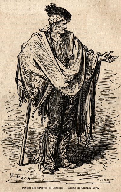 Talonpoika Cordoban alueelta. Gustave Dore (1832-1883) livenä esittämän sketsin. Kaiverrus havainnollistamaan Espanjan matkaa, Charles Davillier ja Gustave Dore vuonna 1862 "Le tour du monde, nouveau journal des voyages" -julkaisussa, joka julkaistiin ohj. tekijältä Gustave Dore