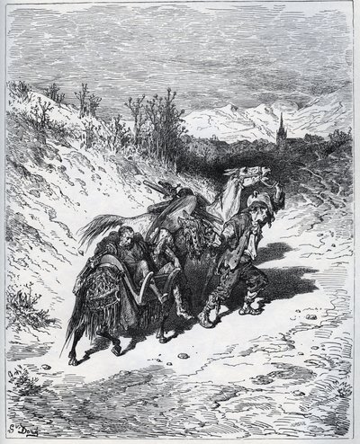 Kyntäjä tuo Don Quijoten ja Rossinanten takaisin kylään - Miguel Cervantesin "Don Quijote de la Manchasta" tekijältä Gustave Dore