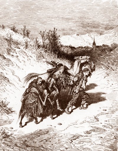 Kyntäjä omasta kylästään tuo Quijoten kotiin Gustave Doren (1832-1883) kaiverrus Miguel de Cervantesin (1547-1616) "L