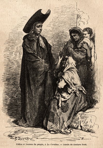 Pappi ja kansan nainen rätteihin pukeutuneena; ammattimaiset espanjalaiset kerjäläiset asettuivat kirkkojen hoviin hyödyntääkseen taitavasti kristillistä rakkautta. Gustave Dore (1832-1883) livenä esittämän sketsin. Kaiverrus matkan havainnollistamiseksi tekijältä Gustave Dore