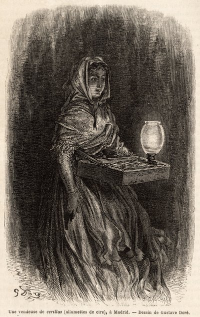 Vaha tulitikkujen myyjä, luonnos livenä Puerta del solissa Madridissa. Gustave Doren (1832-1883) kaiverrus havainnollistamaan hänen matkaansa Espanjaan Ch. Davillier (toimittaja), vuonna 1862, julkaistu "" Le tour du monde""" 1869, toimittanut Edouard Char tekijältä Gustave Dore