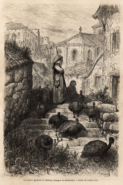 Kalkkunan pitäjä kylän kaduilla Salamancan maaseudulla. Gustave Doren (1832-1883) piirustus. Kaiverrus havainnollistamaan matkaa Espanjassa, Charles Davillier, vuonna 1862, julkaistu "" Le tour du monde""" 1872, toimittanut Edouard Chart tekijältä Gustave Dore