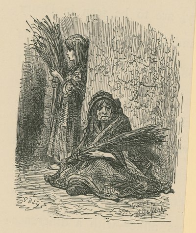 Nainen ja nuori tyttö myyvät kuivia kukkia tekijältä Gustave Dore