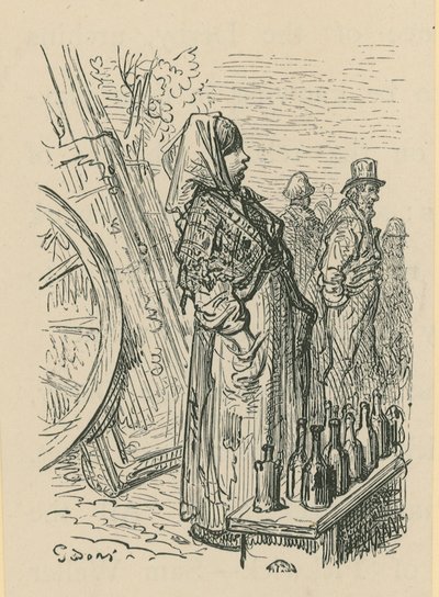 Nainen myy lasipulloja tekijältä Gustave Dore
