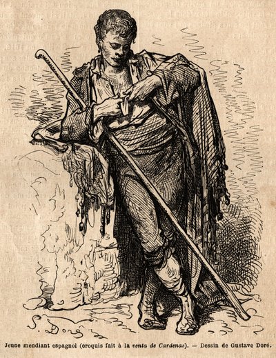 Nuori kerjäläinen, a la vente de Cardenas, majatalo Almadenin tiellä (kanaalin maakunta). Gustave Dore (1832-1883) livenä esittämän sketsin. Kaiverrus havainnollistamaan matkaa Espanjassa, Charles Davillier ja Gustave Dore vuonna 1862 teoksessa "Le tour d" tekijältä Gustave Dore