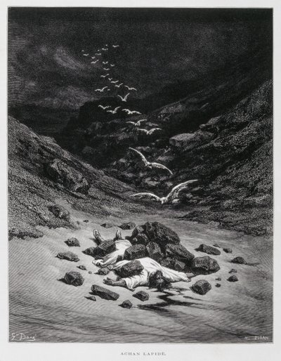 Akan kivitetään kuoliaaksi (Joos. 7:1,10-26), kuvitus Dore Bible -teoksesta. tekijältä Gustave Dore