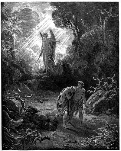 Aatami ja Eeva metsästävät paratiisista - Gustave Doren kuvitus Raamattua varten - tekijältä Gustave Dore