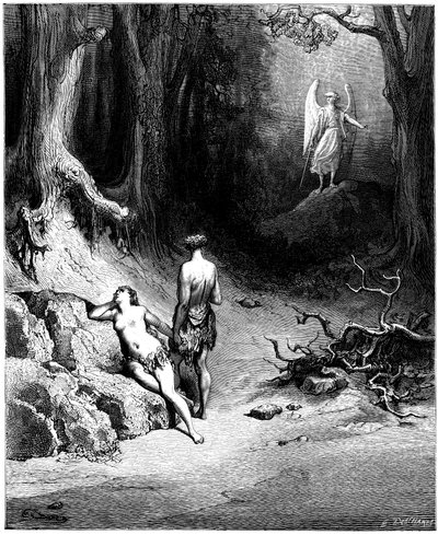 Aatami ja Eeva metsästetään paratiisista. Gustave Doren kuvitus John Miltonin (1608-1674) teokseen "Kadonnut paratiisi". Kaiverrus vuodelta 1866. Yksityiskokoelma tekijältä Gustave Dore
