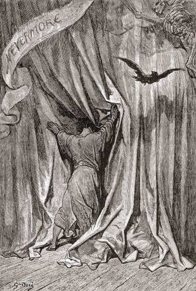 Gustave Doren Edgar Allan Poen runoon Korppi tekemän piirroksen mukaan. Teoksesta Life and Reminiscences of Gustave Dore, julkaistu 1885. tekijältä Gustave Dore