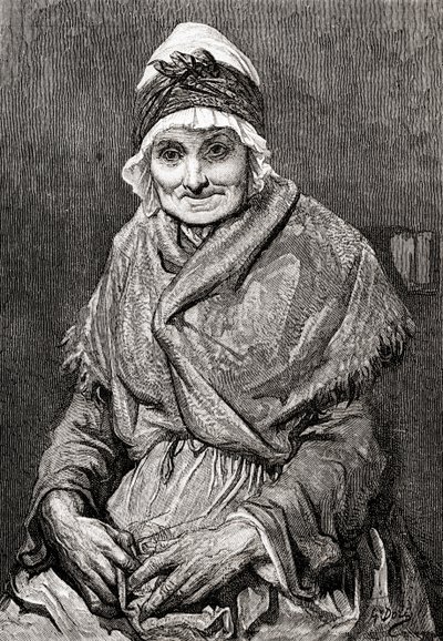 Gustave Doren vuonna 1880 tekemän piirroksen mukaan, joka kuvaa hänen hoitajaansa Francoisea. Teoksesta Life and Reminiscences of Gustave Dore, julkaistu 1885. tekijältä Gustave Dore