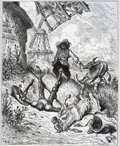 Hyökkäyksen jälkeen antaa tuulimyllyt - "" Misericorde! "" Sancho - Miguel Cervantesin (1547-1616) "" Don Quijote de la Manchasta" (Don Quijote) - Puupiirros Gustave Doren piirtämänä tekijältä Gustave Dore