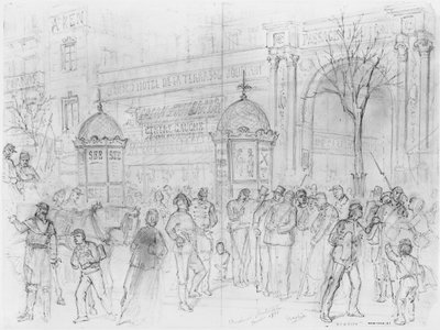 Albumi Pariisin piirityksestä, Boulevard Montmartre, tammikuu 1871 (kynä ja ruskea mustepesu ja kynä paperille) tekijältä Gustave Dore