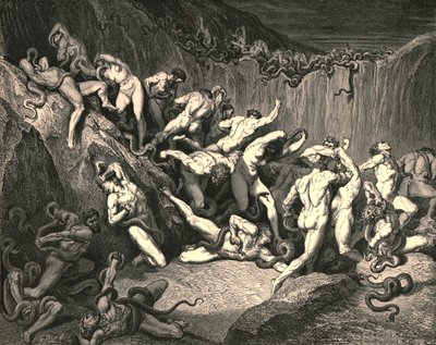 Tämän surun kauhean runsauden keskellä alasti henget juoksivat kauhean pelon siivessä, vuosi 1890. tekijältä Gustave Dore