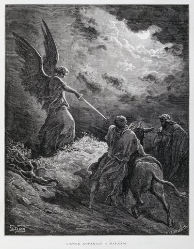 Enkeli kohtasi Bileamin miekan kanssa, kuvitus Doren Raamatusta. tekijältä Gustave Dore