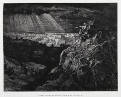 Enkeli Johannes Kastajan kanssa Jerusalemin edustalla, kuvitus Doren Raamatusta. tekijältä Gustave Dore