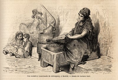 Ulkoilmakastanjakauppias kannettavalla uunillaan luonnostelee elävää puerta del solia Madridissa. Gustave Doren (1832-1883) kaiverrus havainnollistamaan hänen matkaansa Espanjaan Ch. Davillier (toimittaja), vuonna 1862, julkaistu "" Le tour du monde""" 18 tekijältä Gustave Dore