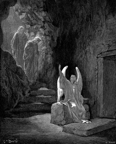 Enkeli näyttää Maria Magdalenan ja toisen Marian Kristuksen tyhjän haudan, 1865-1866 tekijältä Gustave Dore