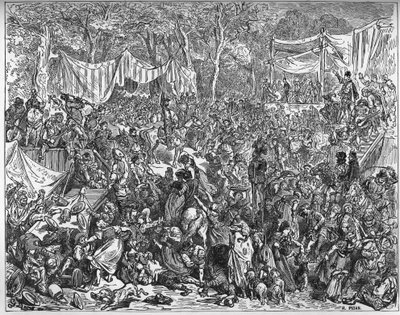 Arrivee de Don Quijote Camachen häissä - Miguel Cervantesin (1547-1616) "Don Quijote de la Manchasta" (Don Quijote) - Gustave Doren piirtämän puupiirros tekijältä Gustave Dore