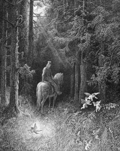 Kun hän ylitti pimeän metsän, hän itse näki kolmen ilosta hullun hengen hyppäävän tien reunaan suuren kukan päällä (pyöreän pöydän ritari, joka tapasi kolme henkeä Brocélianden metsässä) - "" Junièvressa"" kirjoittanut Alfred Tennyson, ill. kirjoittanut Gu tekijältä Gustave Dore