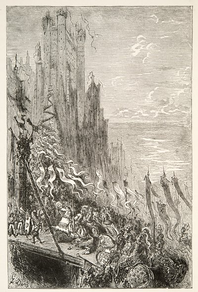 Fountainin kreivittären kaupungissa, Charles Henry Hansonin kirjoittamista Tarinoita kuningas Arthurin päivistä, julkaisu 1898. tekijältä Gustave Dore