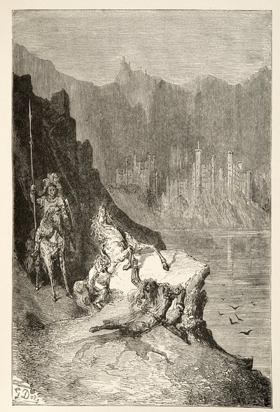 Balin Slays Sir Lanceor, Charles Henry Hansonin kirjoittamasta Tarinoita kuningas Arthurin päivistä, julkaisu 1898. tekijältä Gustave Dore