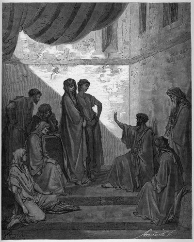 Kornelius sadanpäämiehen kaste – Sadanpäällikkö Kornelius saa uskon Jeesukseen Kristukseen, ja Pyhä Pietari kastaa hänet. - Kaiverrus Gustave Doren (1832-1883) "The Bible illustreeen" - Kaiverrus "" The Dore Bible -kirjasta" tekijältä Gustave Dore