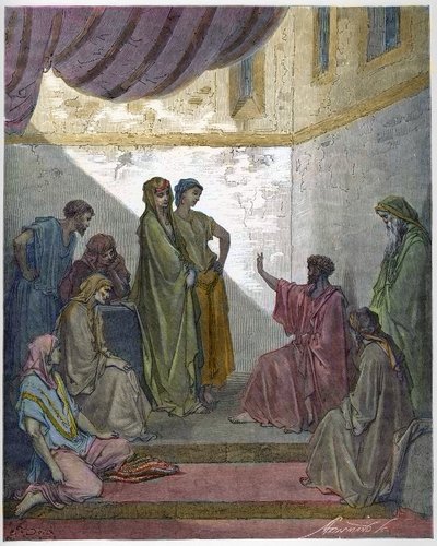 Kornelius sadanpäämiehen kaste – Sadanpäällikkö Kornelius saa uskon Jeesukseen Kristukseen, ja Pyhä Pietari kastaa hänet. - Kaiverrus Gustave Doren (1832-1883) "The Bible illustreeen" - Kaiverrus "" The Dore Bible -kirjasta" tekijältä Gustave Dore