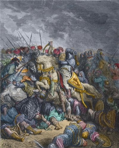 Arsurin taistelu - Richard I Leijonasydän (1157-1199), Englannin kuningas osallistui 3. ristiretkeen - Richard Leijonasydän Arsufin taistelussa (1191), kolmas ristiretki, Gustave Doren kaiverrus - Josephin Ristiretkien historiasta -Francois Michaud tekijältä Gustave Dore