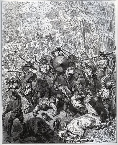 Taistelu muulintekijöiden kanssa - Yangoit käyttivät mailojaan - Miguel Cervantesin (1547-1616) "Don Quijote de la Mancha" (Don Quijote) - Gustave Doren piirtämän puupiirros tekijältä Gustave Dore